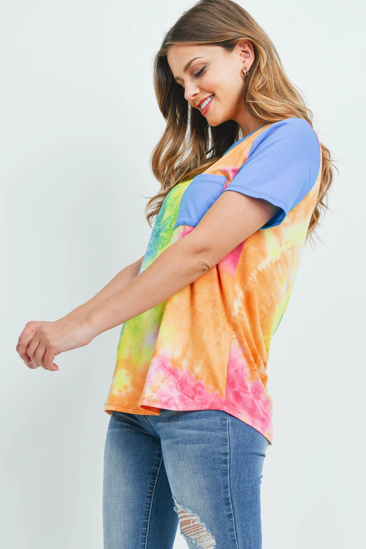 Solid Short Sleeves Tie Dye Pocket Top