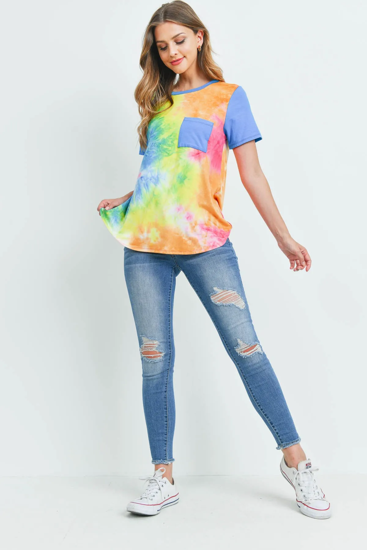 Solid Short Sleeves Tie Dye Pocket Top