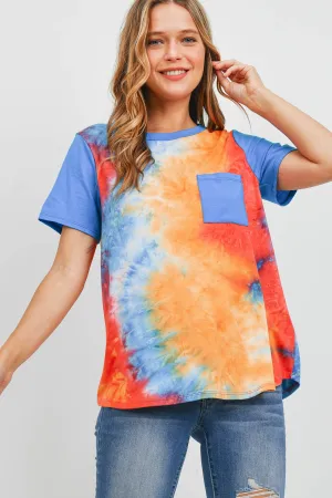 Solid Short Sleeves Tie Dye Pocket Top
