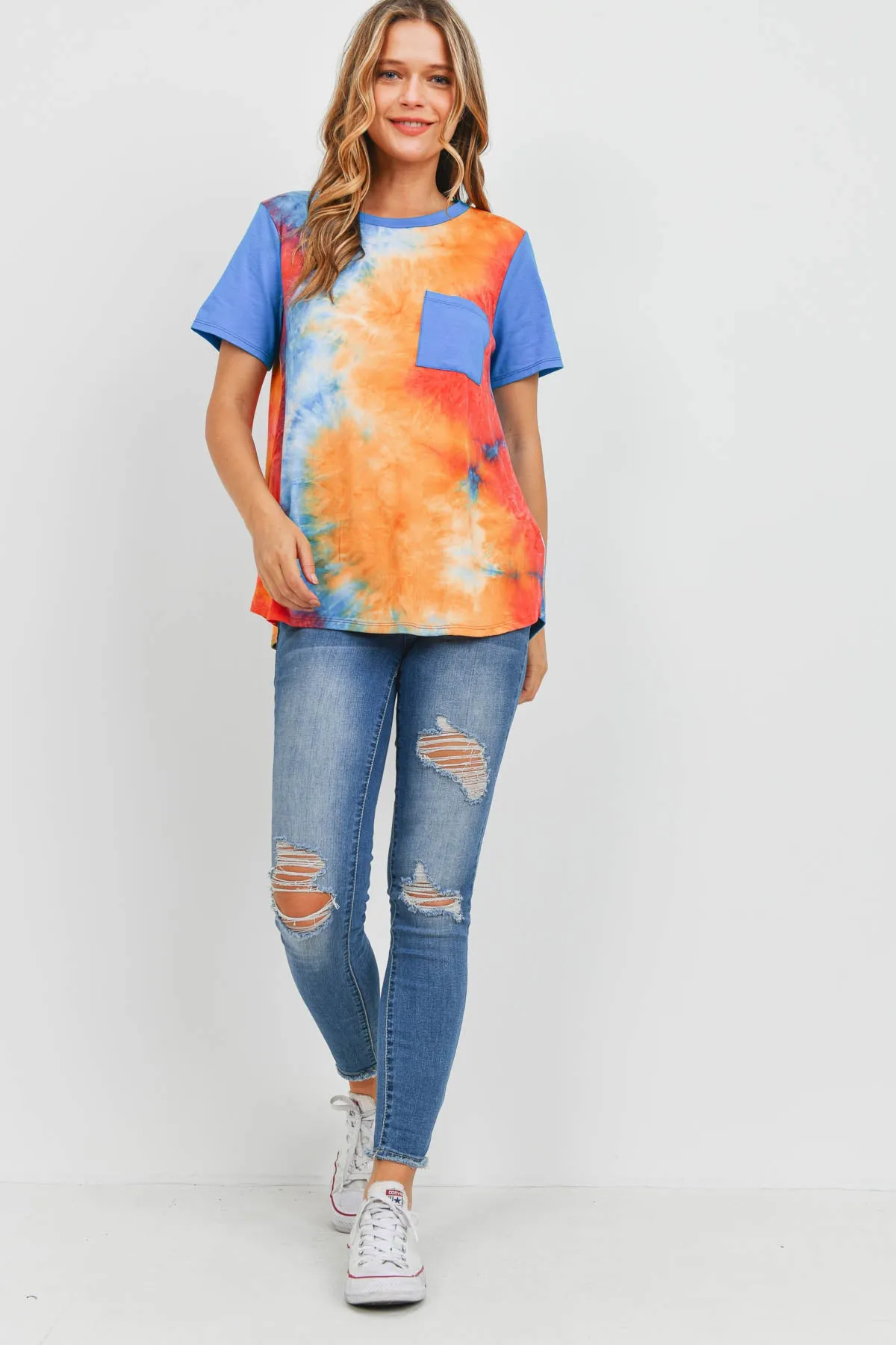 Solid Short Sleeves Tie Dye Pocket Top