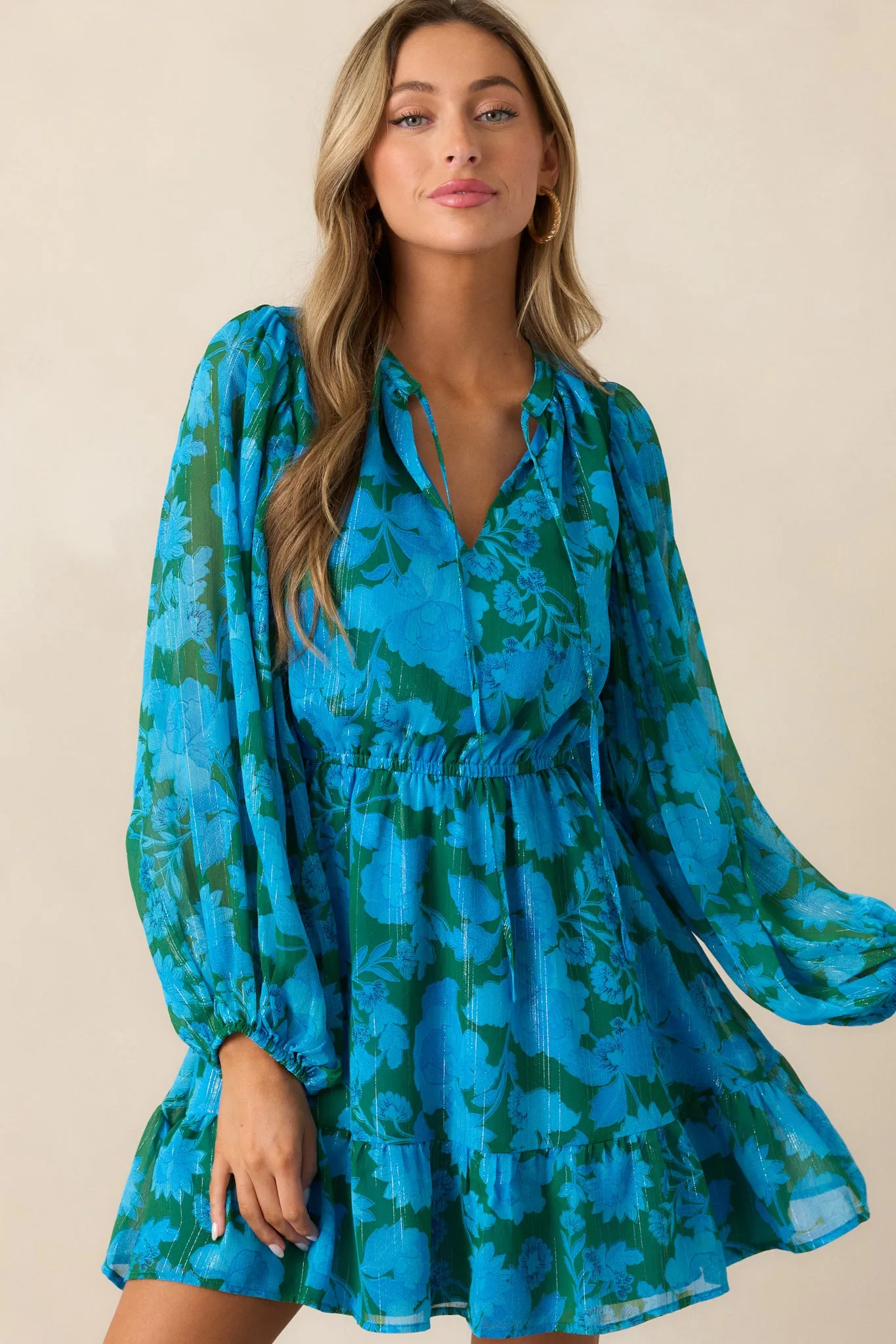 Soul On Fire Blue Floral Long Sleeve Mini Dress
