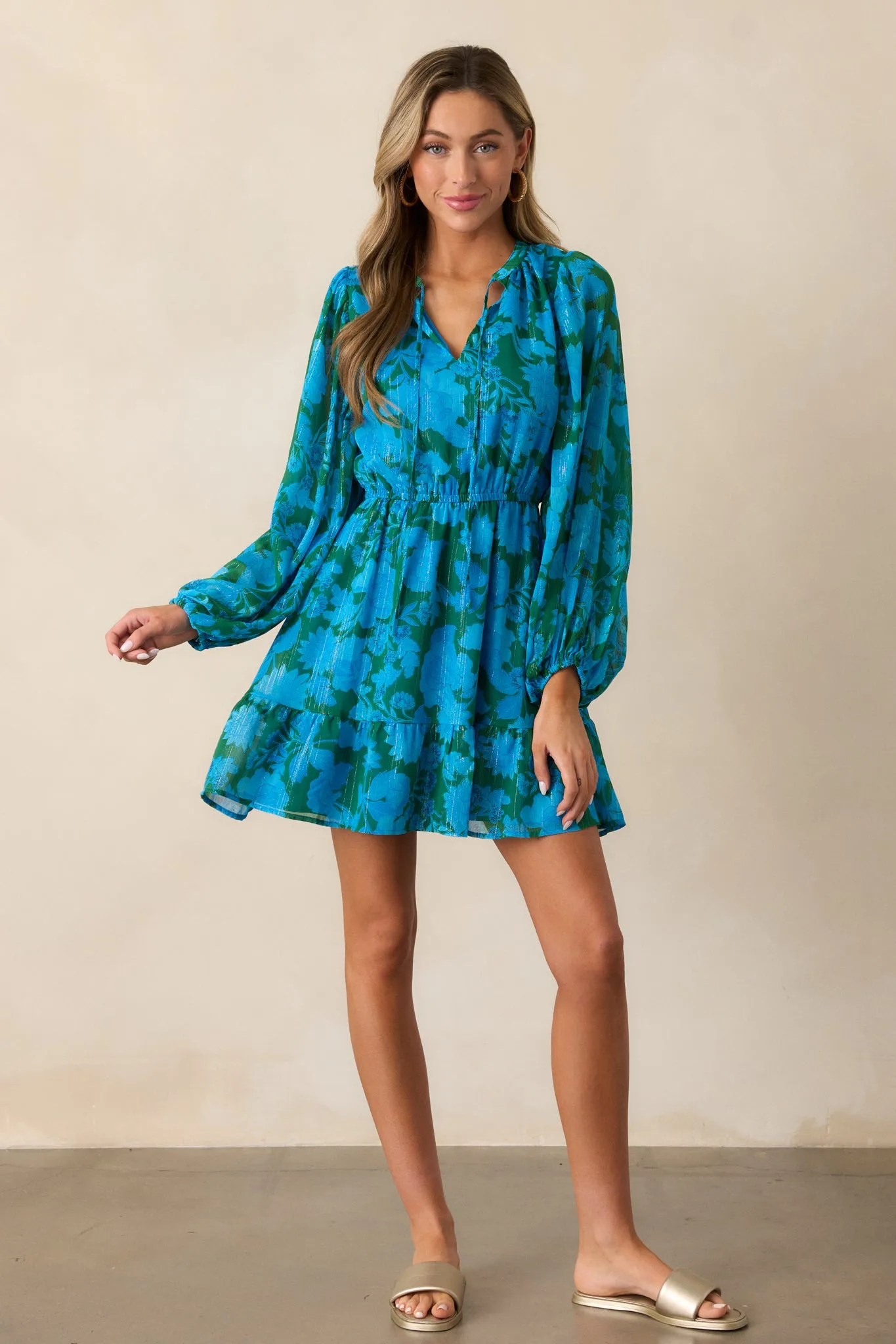 Soul On Fire Blue Floral Long Sleeve Mini Dress