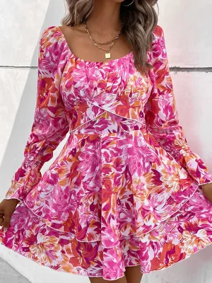 Square Neck Floral Print Dress with Ruffle Details