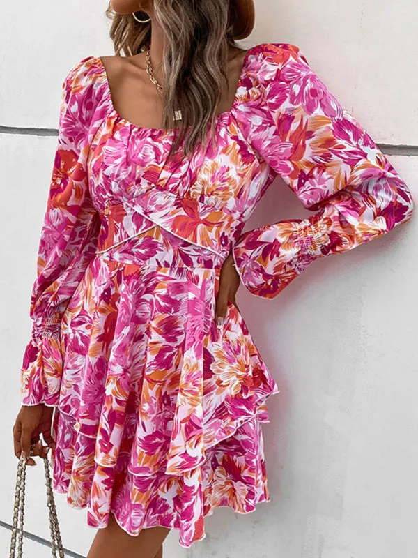 Square Neck Floral Print Dress with Ruffle Details