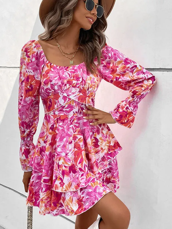 Square Neck Floral Print Dress with Ruffle Details