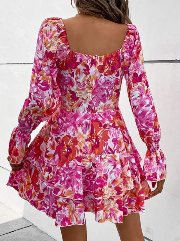 Square Neck Floral Print Dress with Ruffle Details