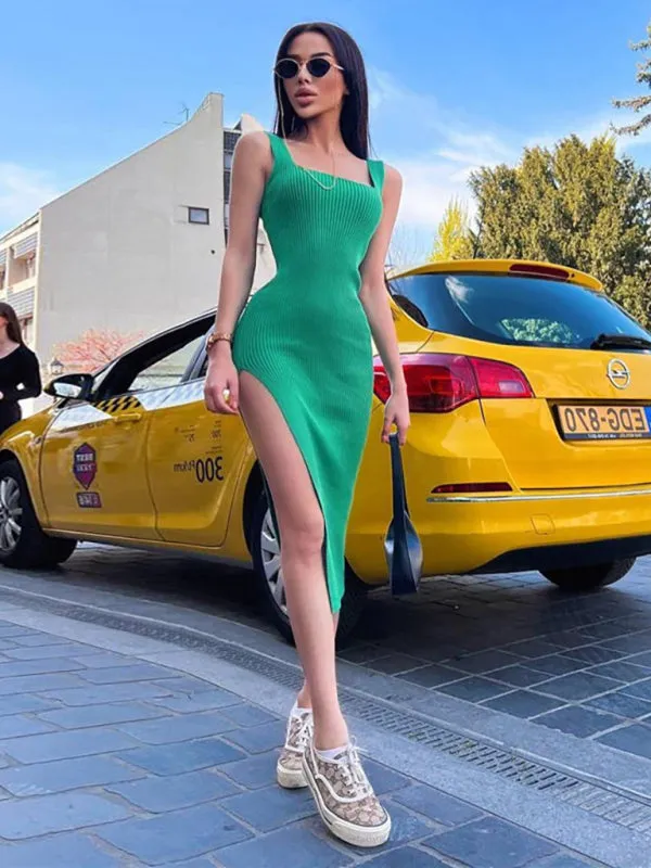 Square Neck Mini Dress with Ribbed Knit Bodycon Design