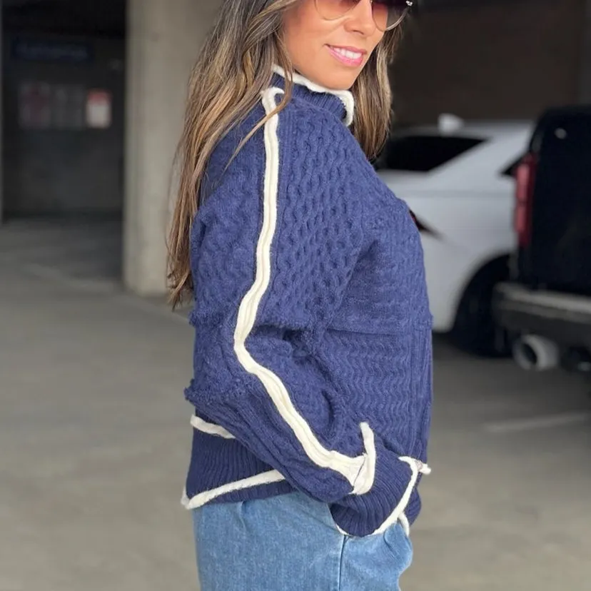 Stay Warm Navy Cable-Knit Sweater