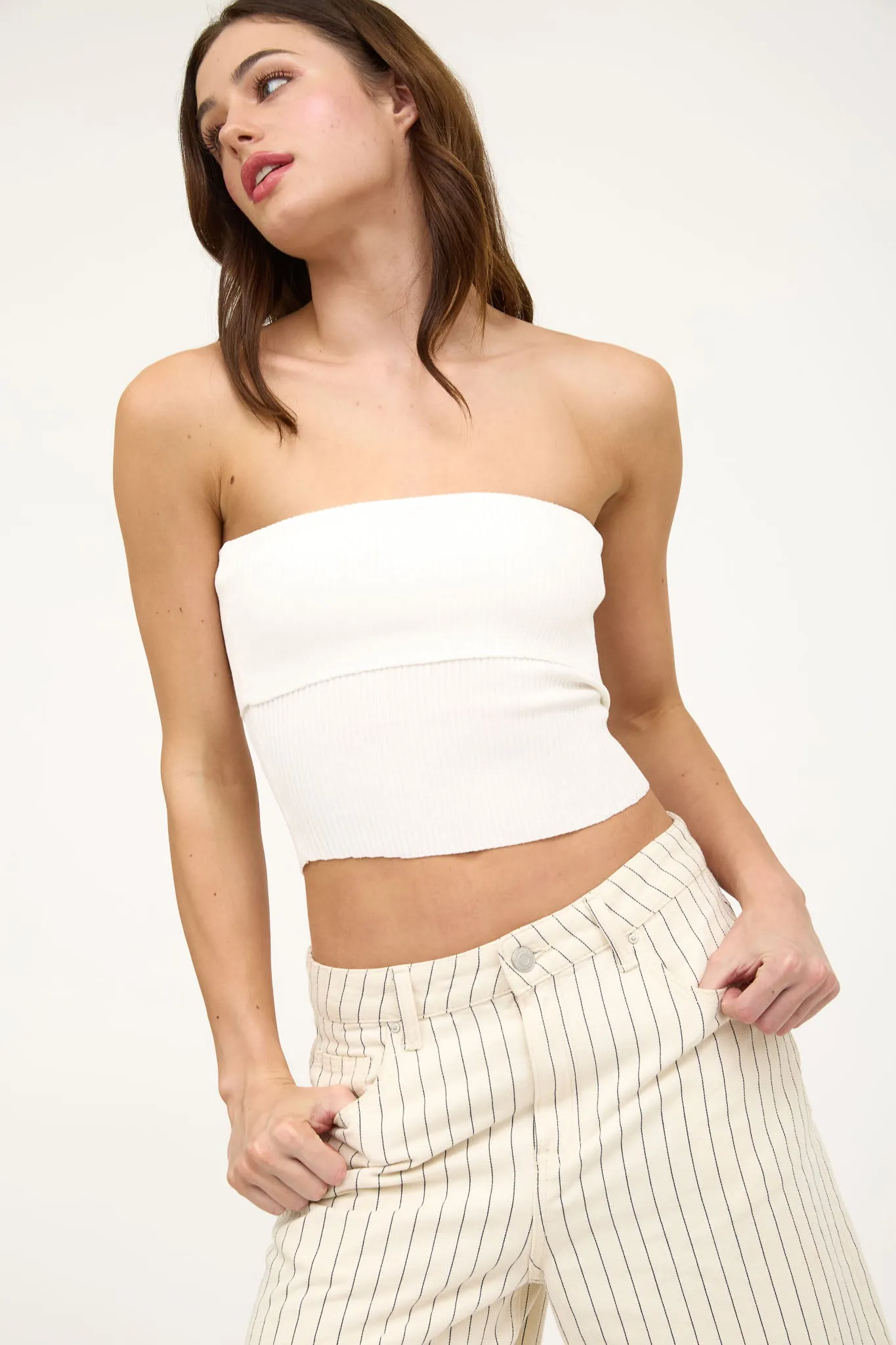 STRAPLESS FOLD OVER KNIT CROPPED SWEATER TOP