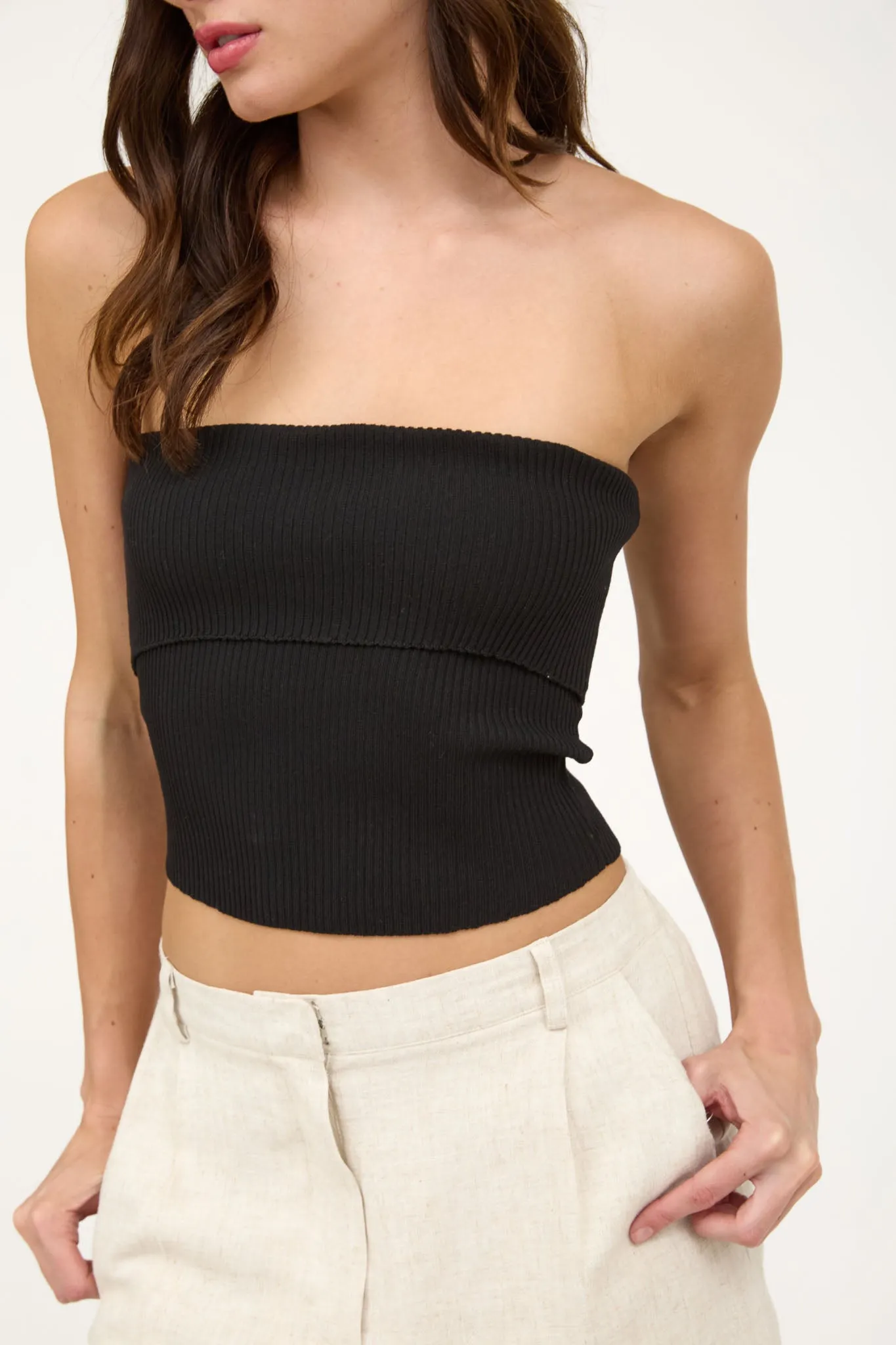 STRAPLESS FOLD OVER KNIT CROPPED SWEATER TOP