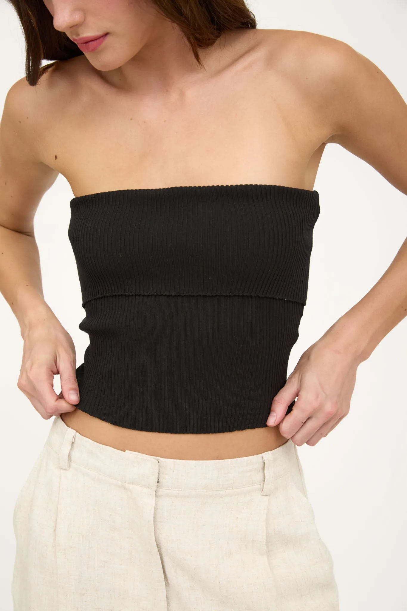 STRAPLESS FOLD OVER KNIT CROPPED SWEATER TOP