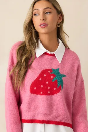 Strawberry Picking Pink Cropped Long Sleeve Sweater