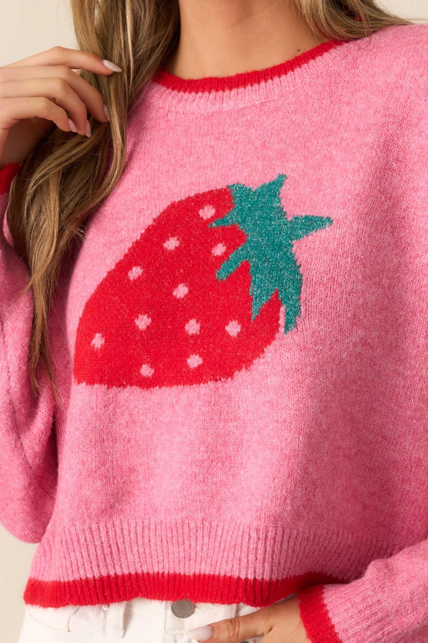 Strawberry Picking Pink Cropped Long Sleeve Sweater