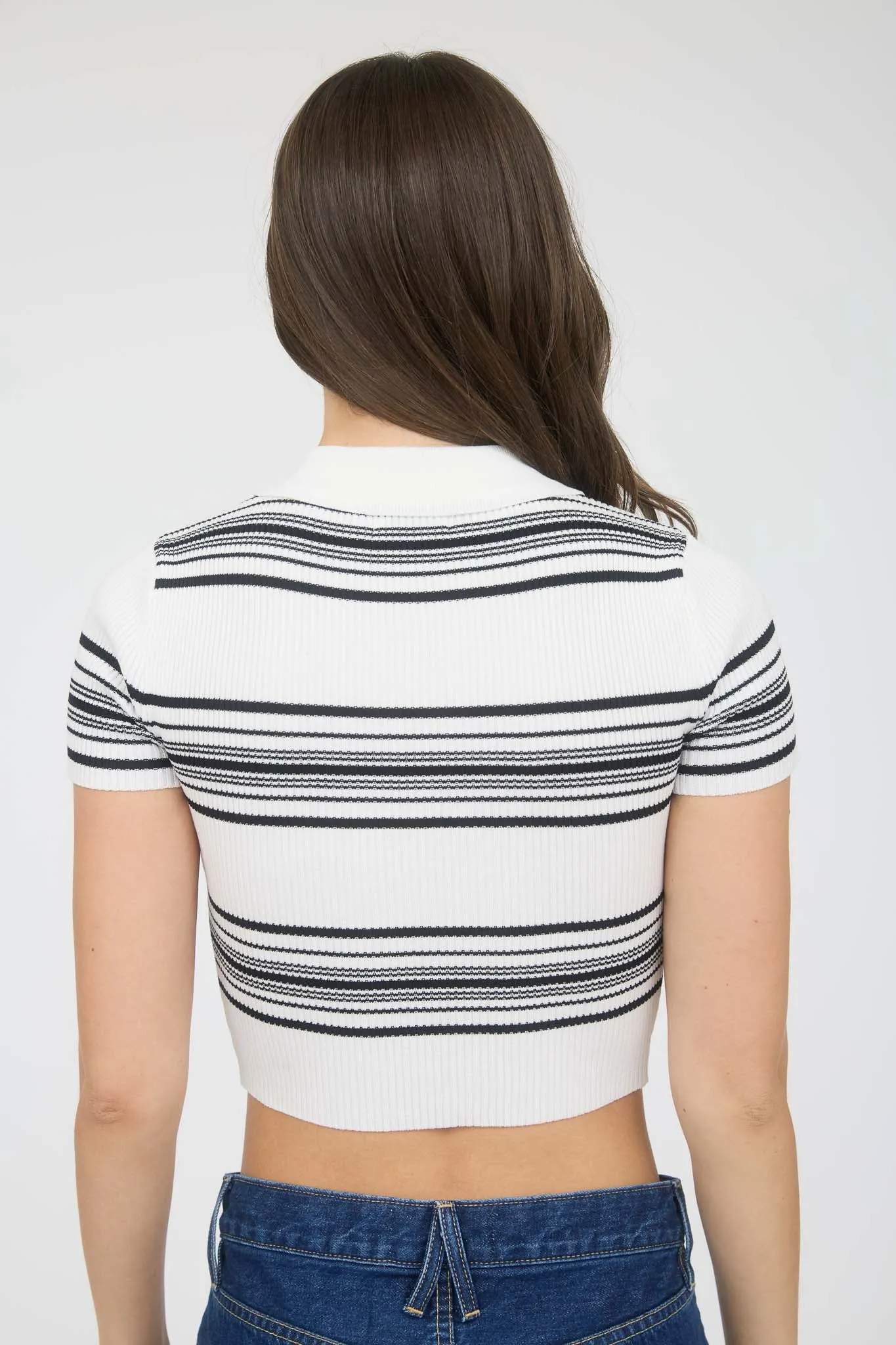 STRIPE COLLARED HALF ZIP SWEATER KNIT CROPPED POLO