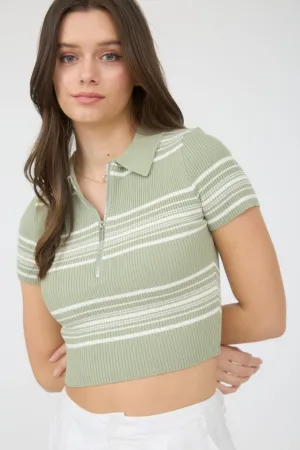 STRIPE COLLARED HALF ZIP SWEATER KNIT CROPPED POLO