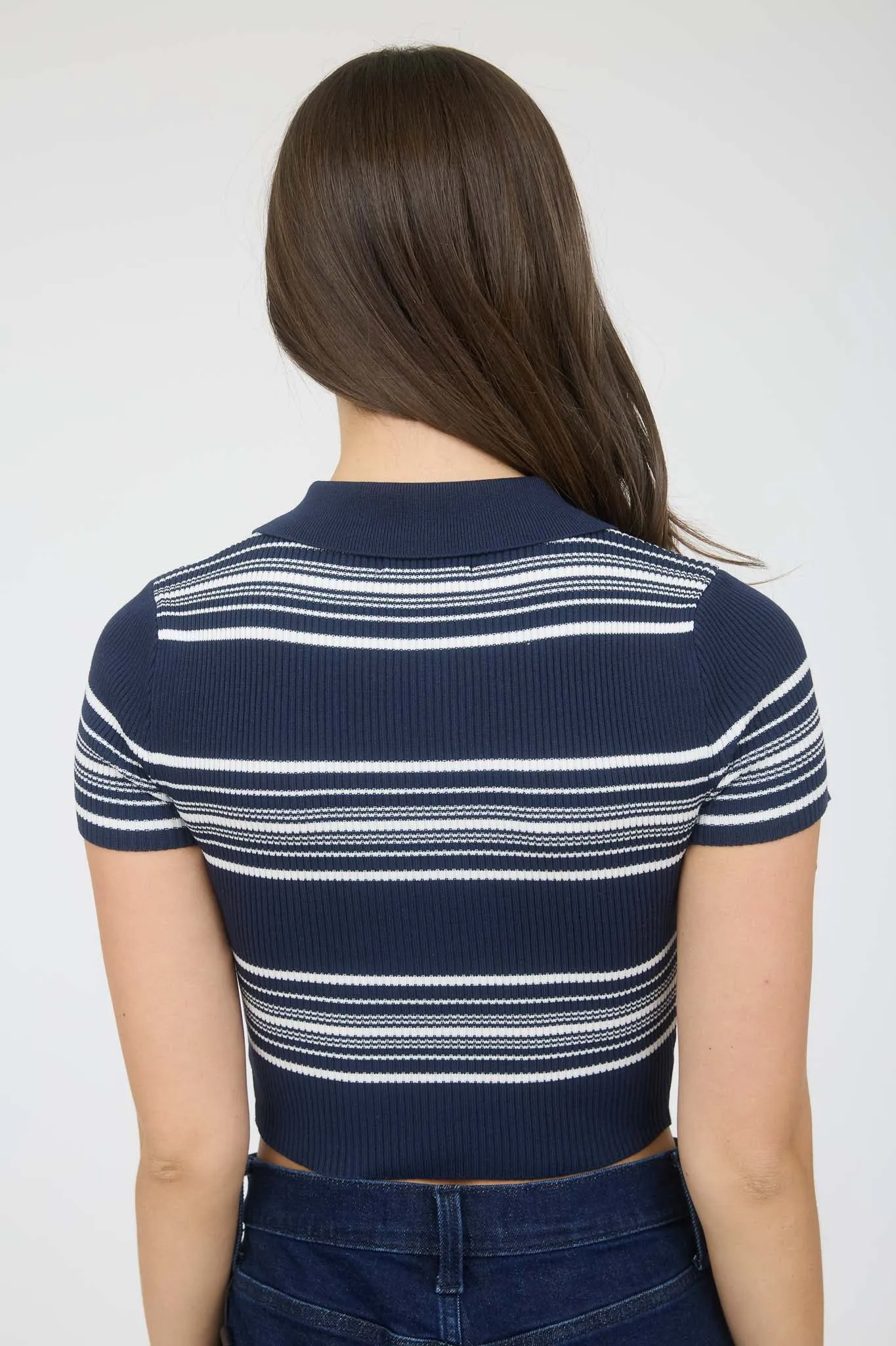 STRIPE COLLARED HALF ZIP SWEATER KNIT CROPPED POLO