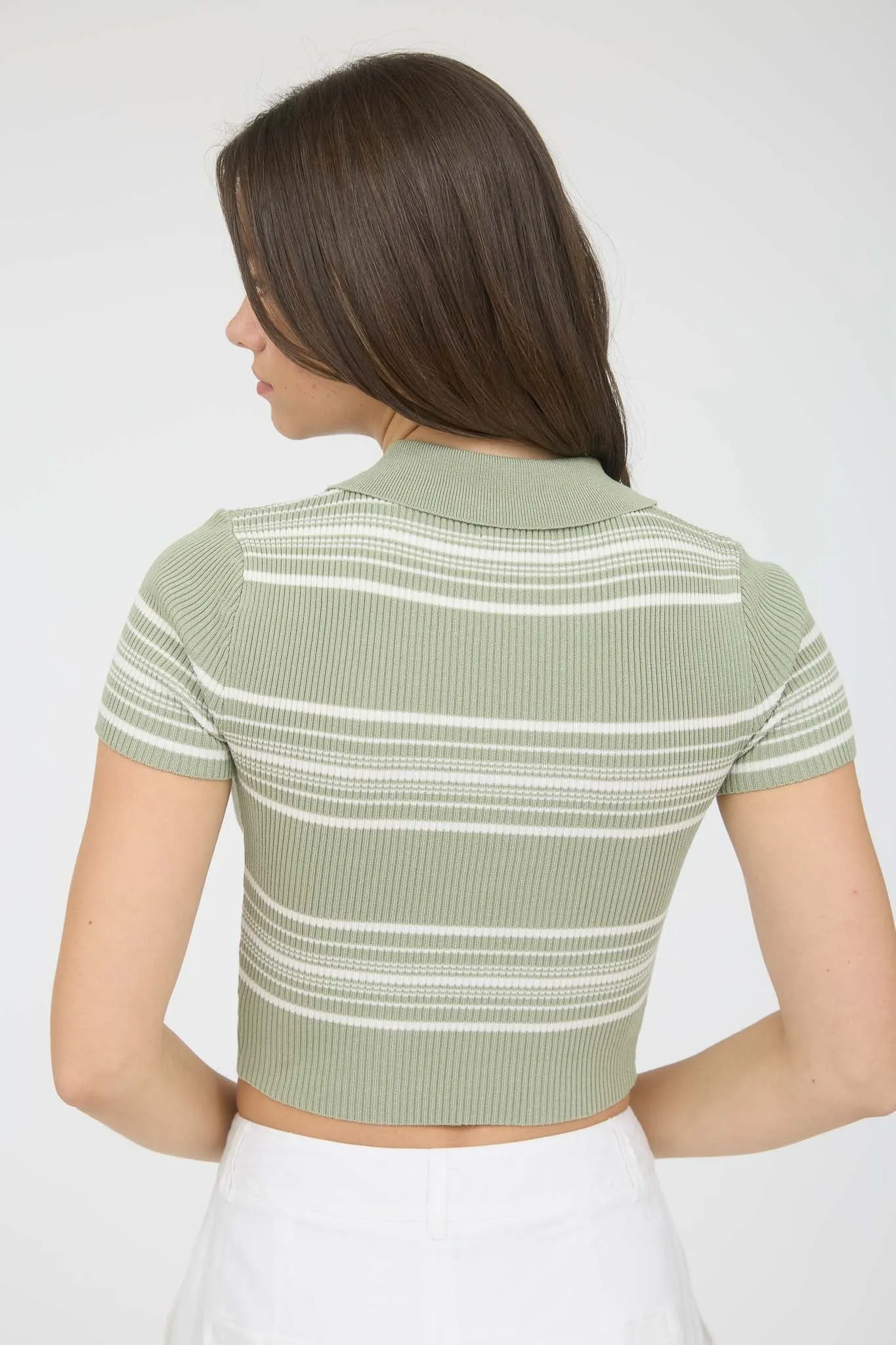 STRIPE COLLARED HALF ZIP SWEATER KNIT CROPPED POLO