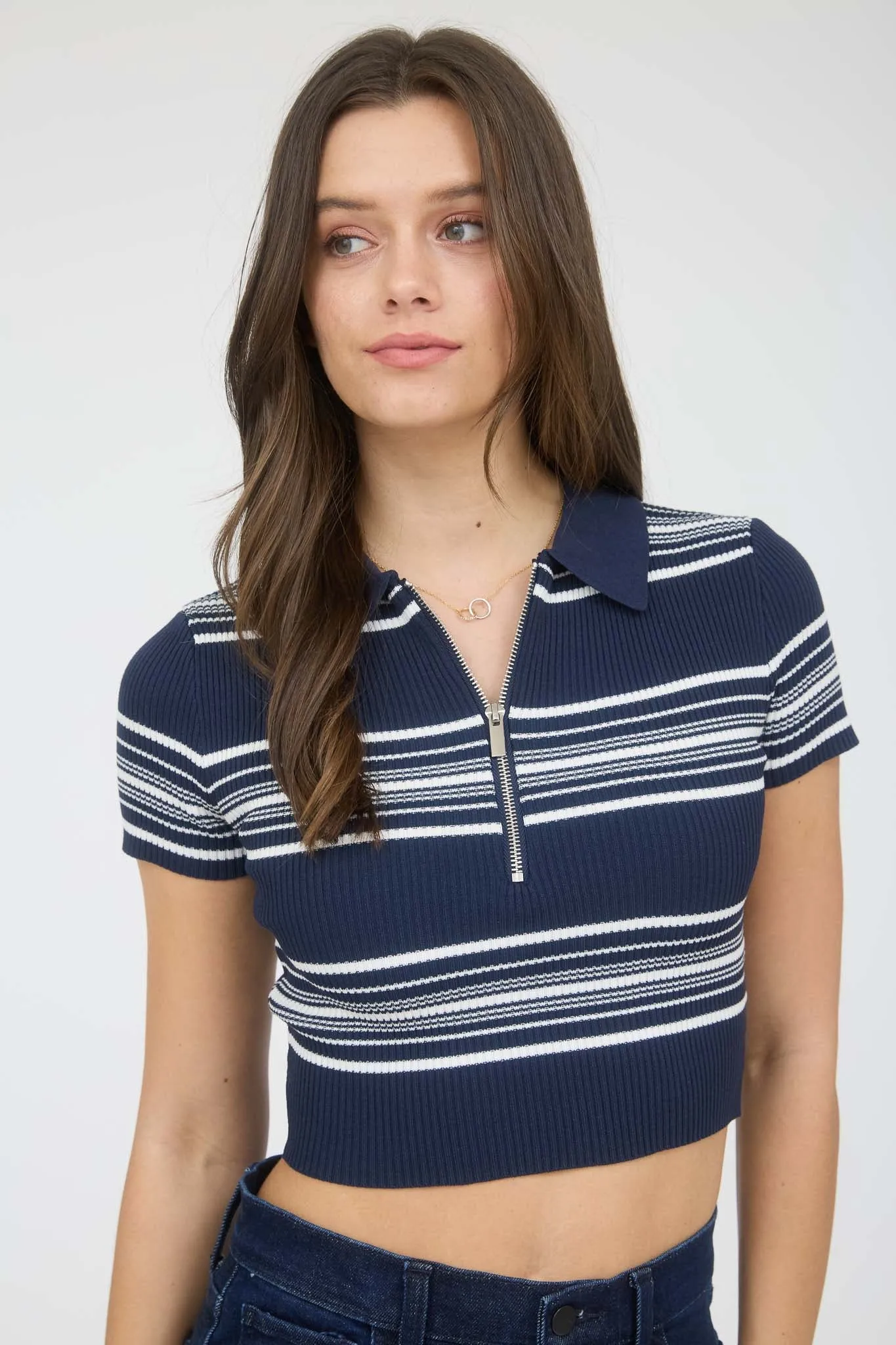 STRIPE COLLARED HALF ZIP SWEATER KNIT CROPPED POLO