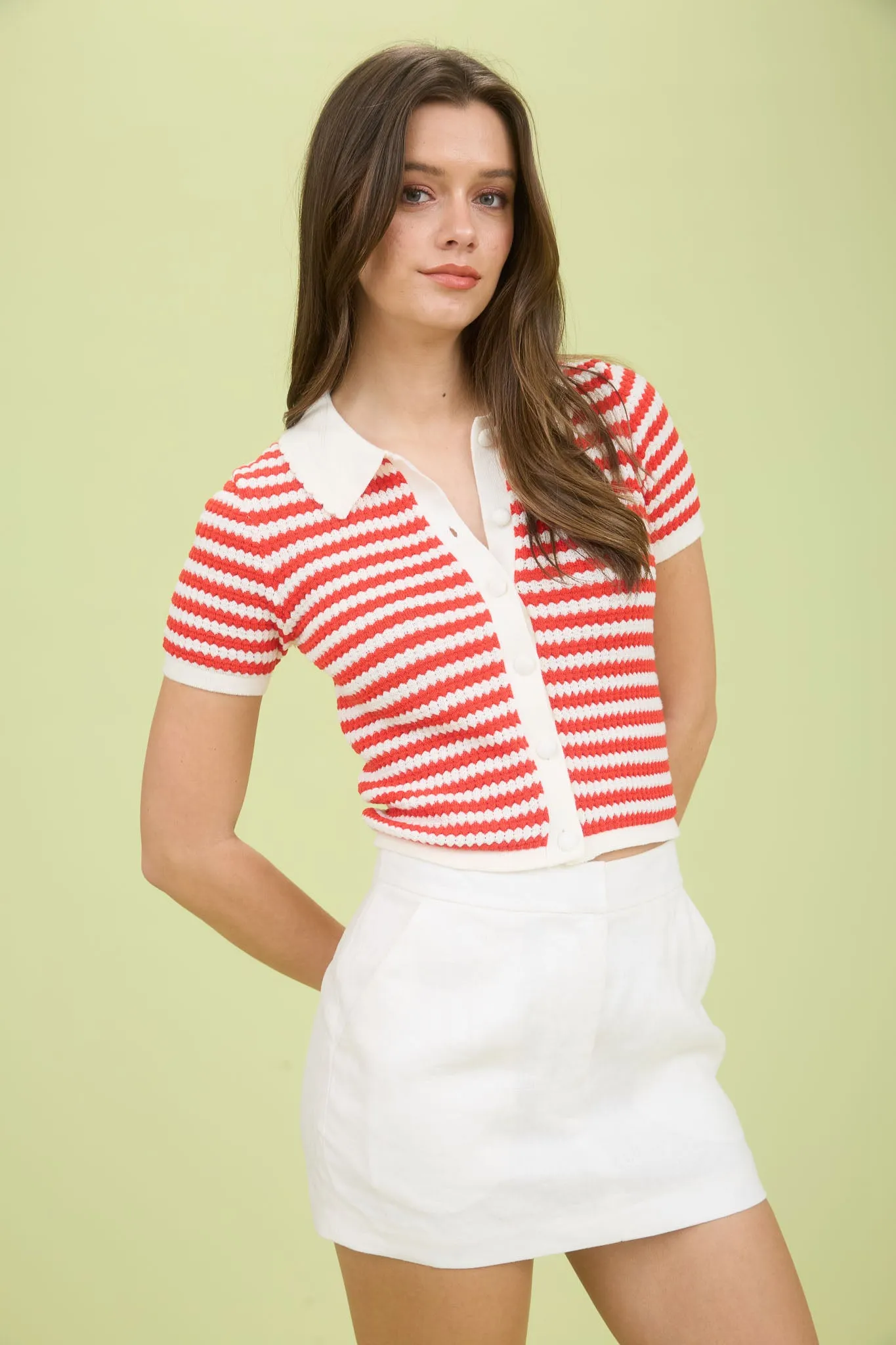 STRIPE COLLARED SHORT SLEEVE CROPPED KNIT CADIGAN