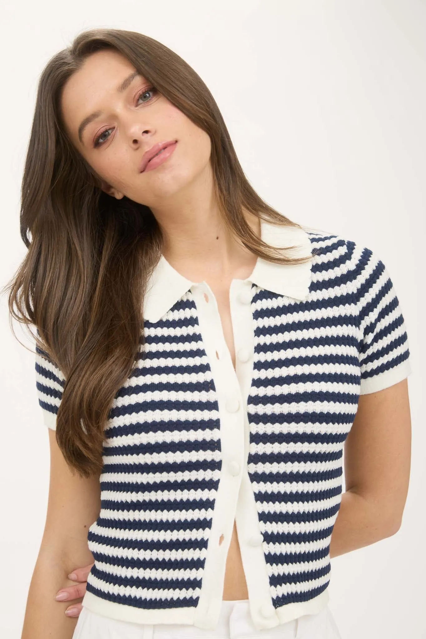 STRIPE COLLARED SHORT SLEEVE CROPPED KNIT CADIGAN