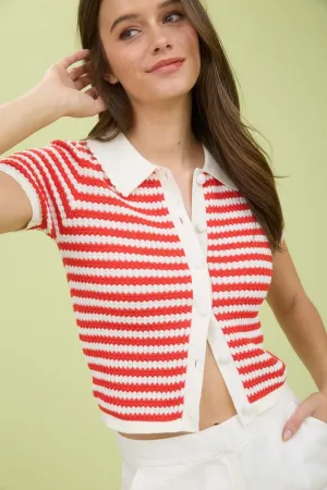 STRIPE COLLARED SHORT SLEEVE CROPPED KNIT CADIGAN