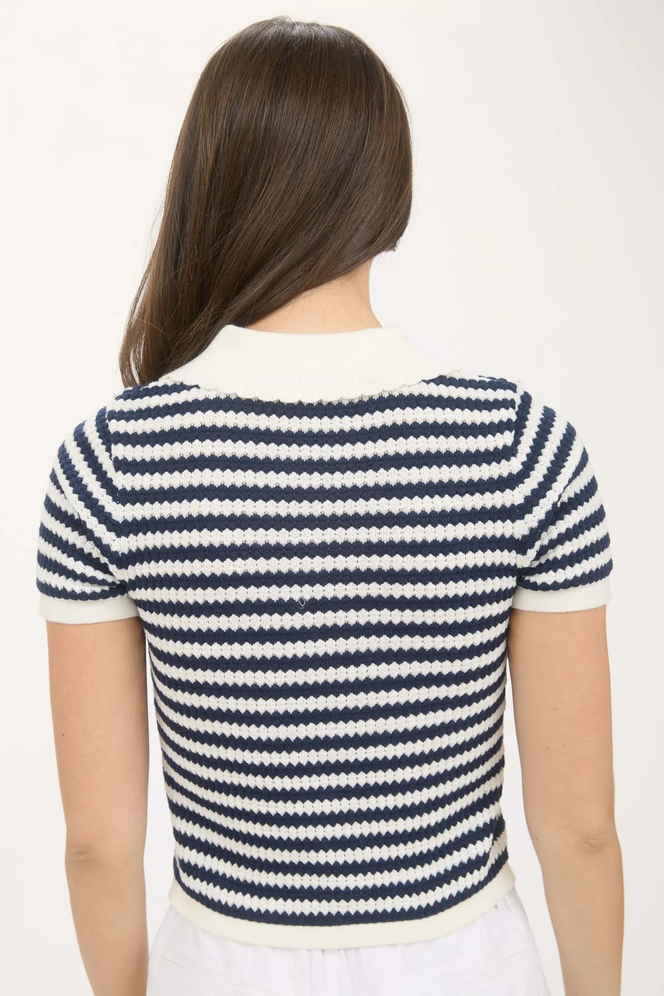 STRIPE COLLARED SHORT SLEEVE CROPPED KNIT CADIGAN
