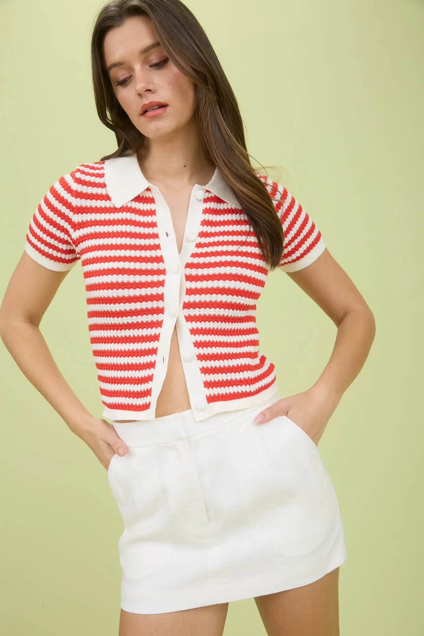 STRIPE COLLARED SHORT SLEEVE CROPPED KNIT CADIGAN