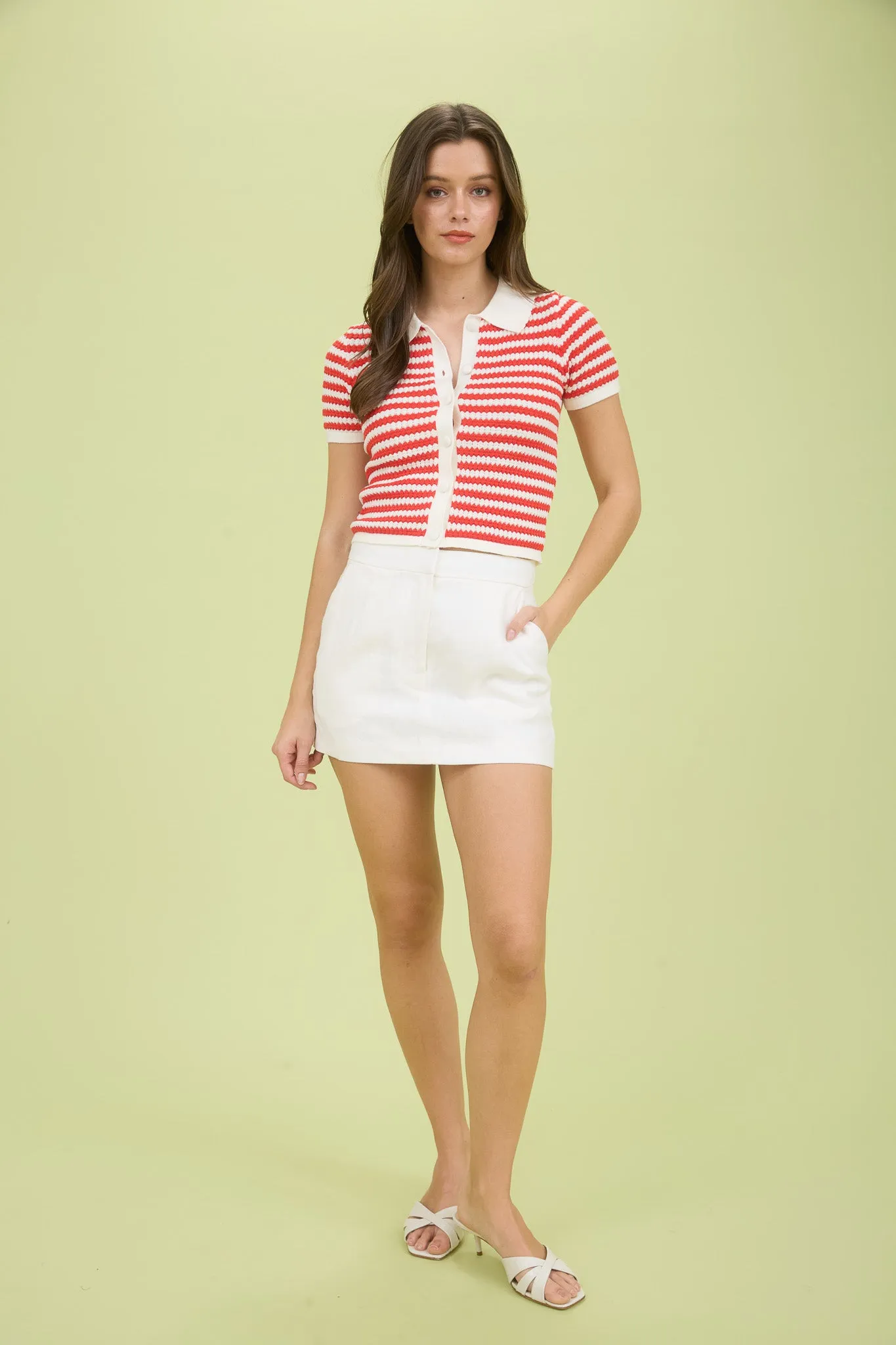 STRIPE COLLARED SHORT SLEEVE CROPPED KNIT CADIGAN