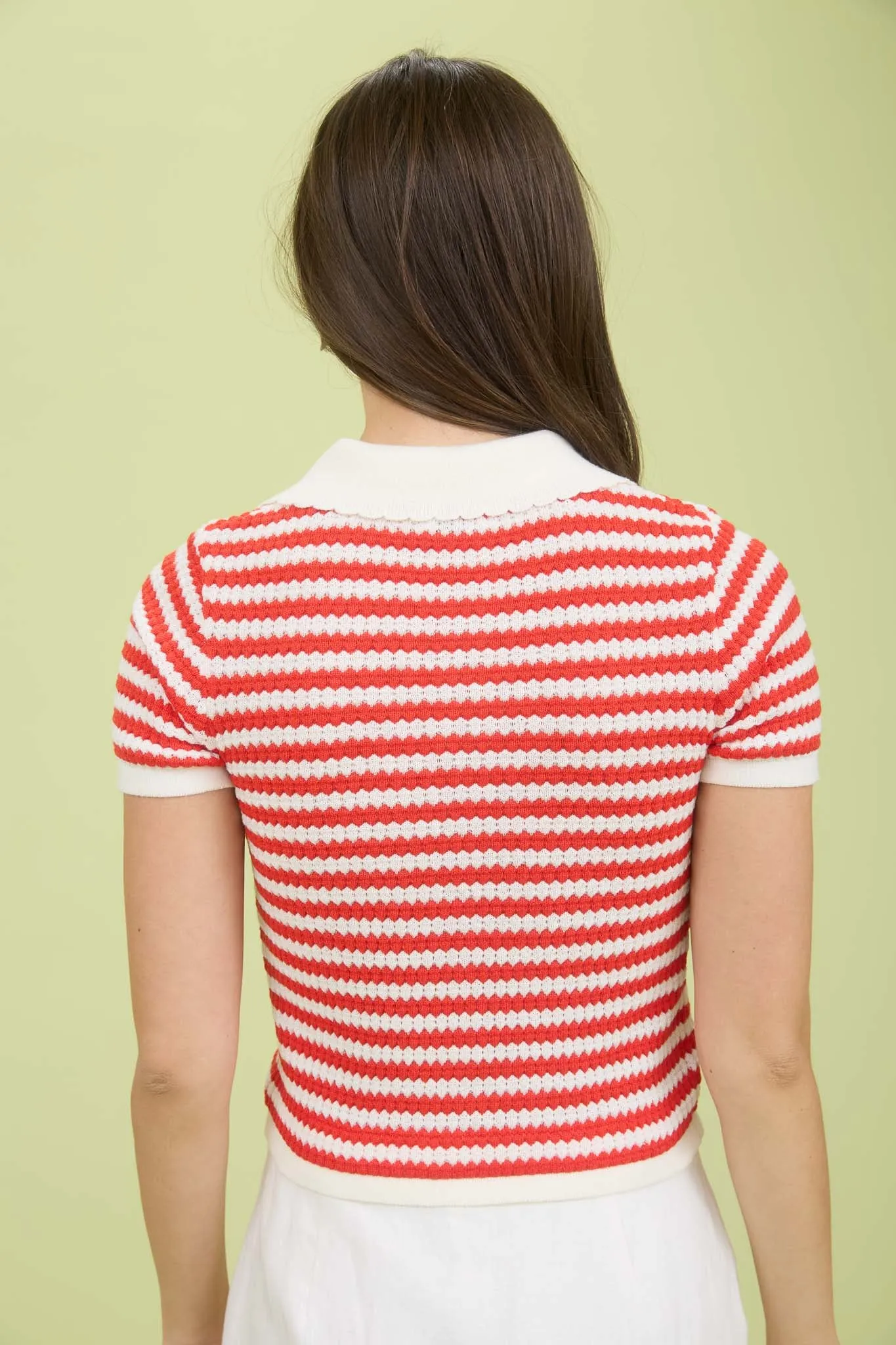STRIPE COLLARED SHORT SLEEVE CROPPED KNIT CADIGAN