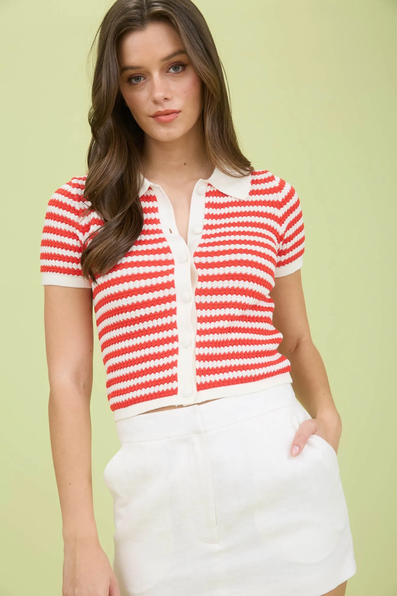 STRIPE COLLARED SHORT SLEEVE CROPPED KNIT CADIGAN
