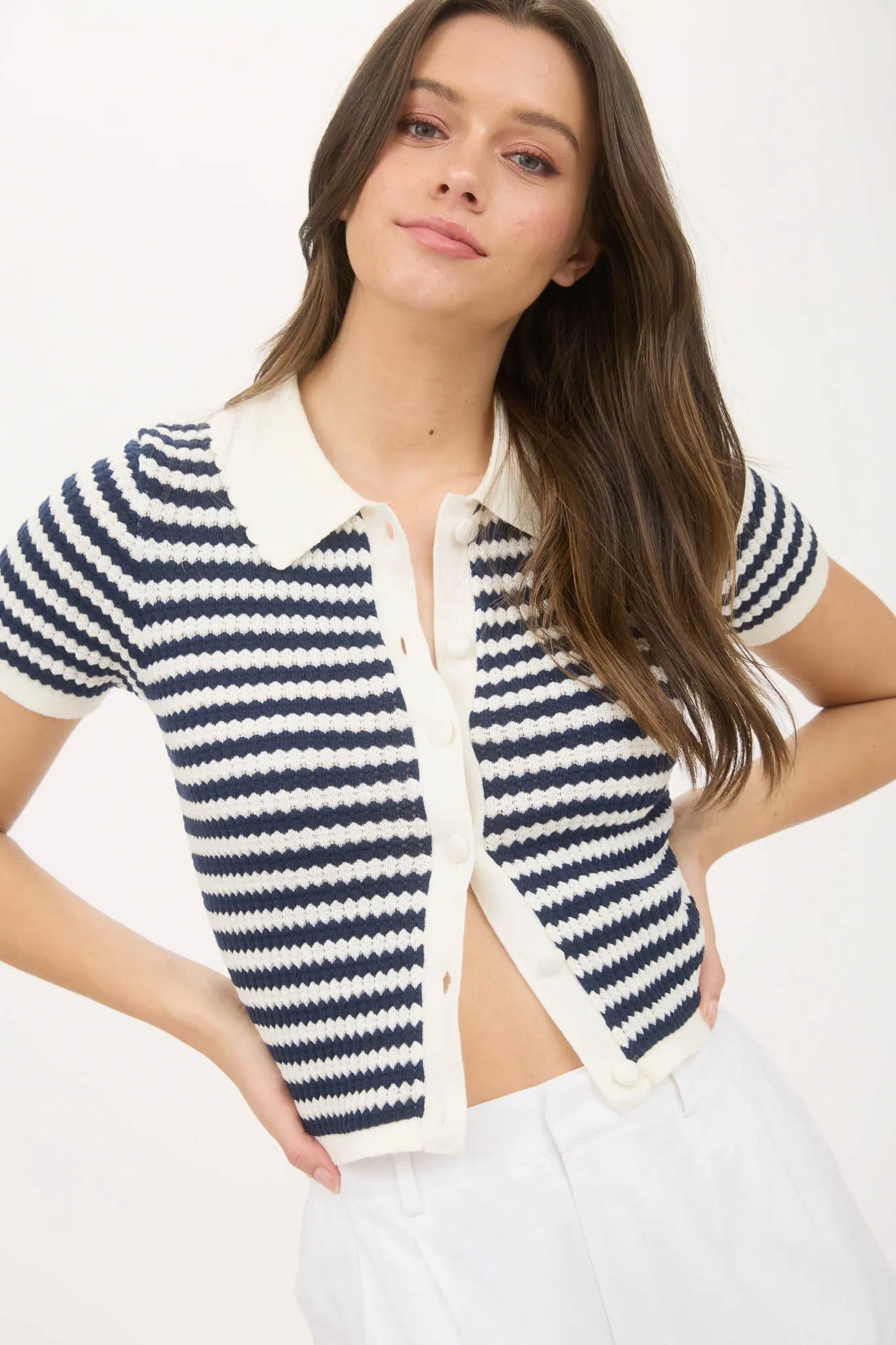 STRIPE COLLARED SHORT SLEEVE CROPPED KNIT CADIGAN