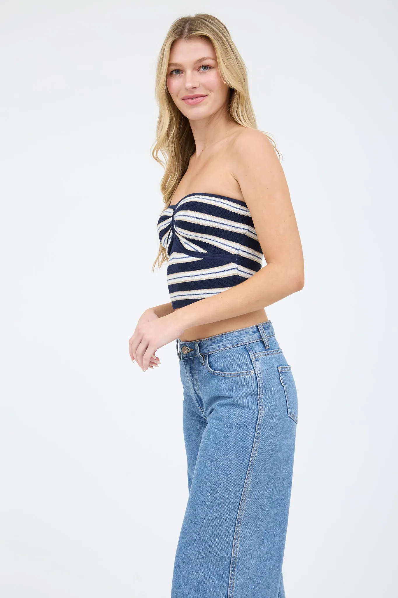 STRIPE STRAPLESS CROPPED SWEATER KNIT TOP