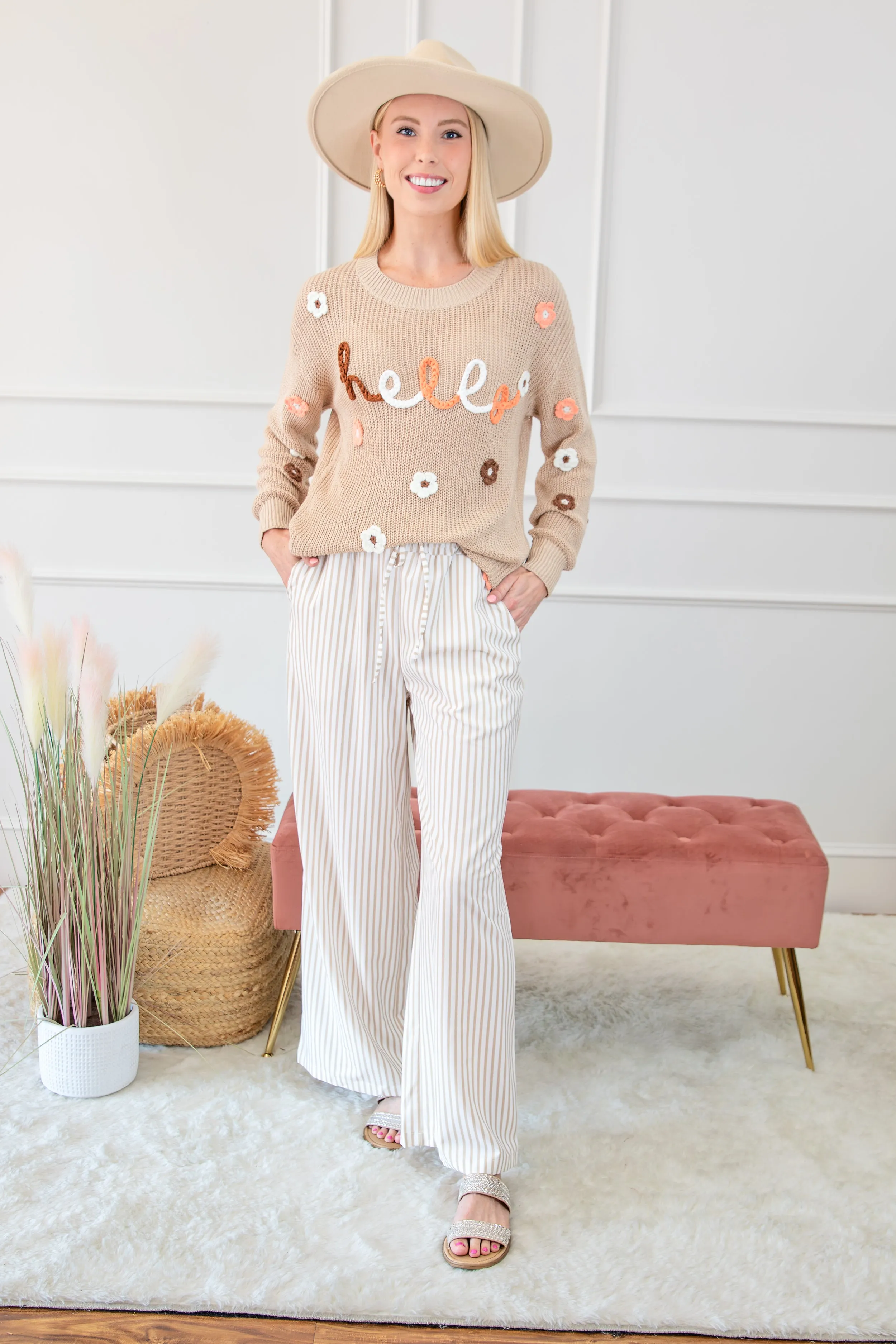 Stripe Wide Leg Adjustable Drawstring Waist Pants