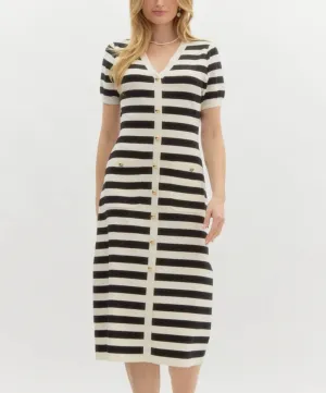 Striped Short Sleeve Sweater Knit Midi Pullover Dress