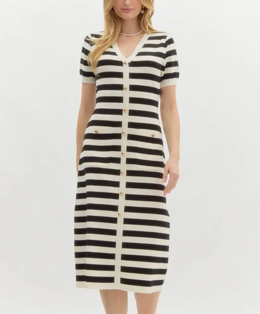 Striped Short Sleeve Sweater Knit Midi Pullover Dress