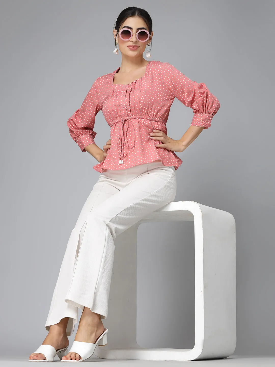 Style Quotient Women Pink And White Polka Print Polyester Smart Casual Top