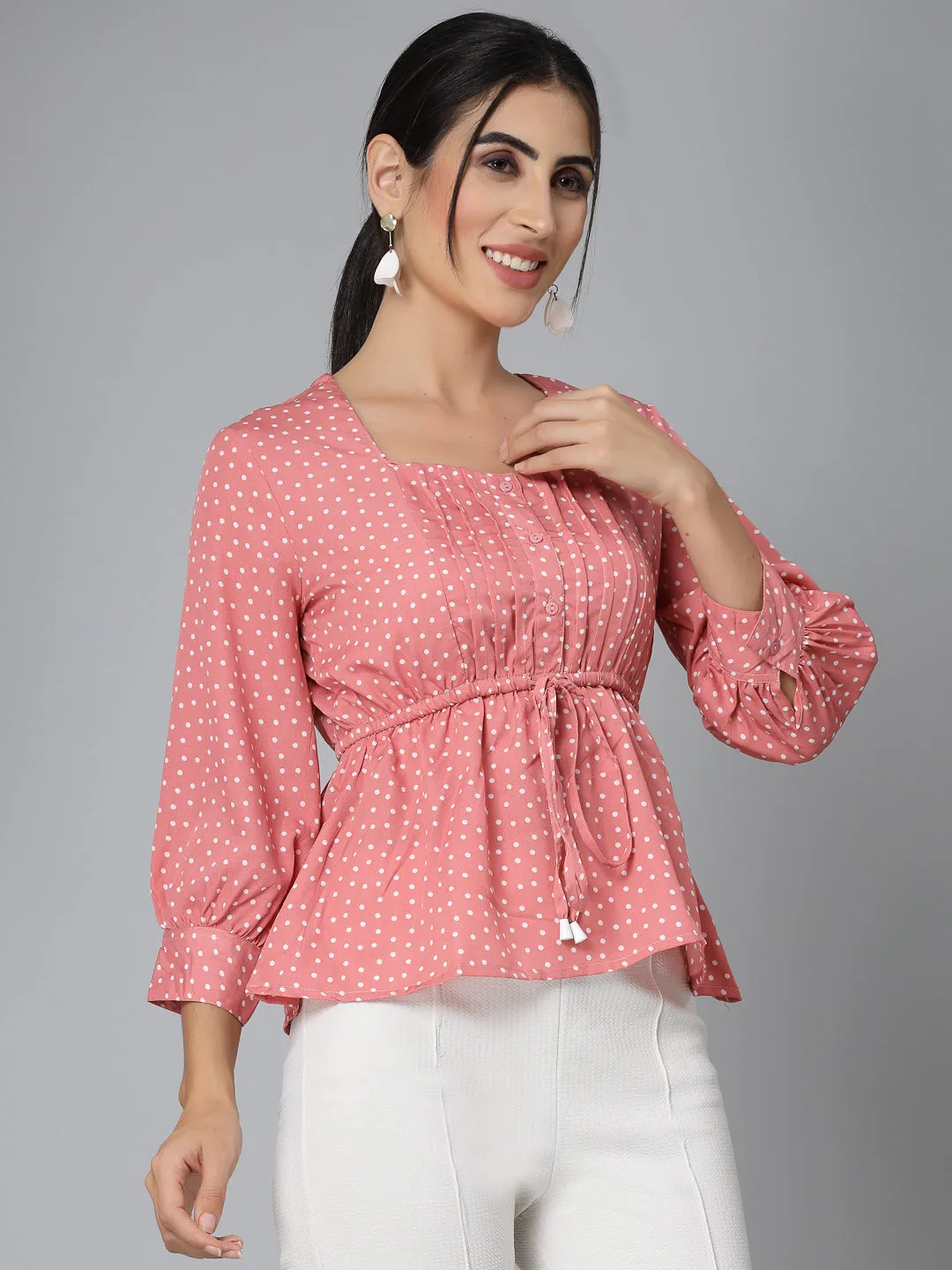 Style Quotient Women Pink And White Polka Print Polyester Smart Casual Top