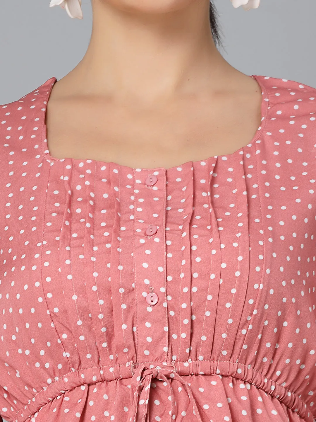 Style Quotient Women Pink And White Polka Print Polyester Smart Casual Top