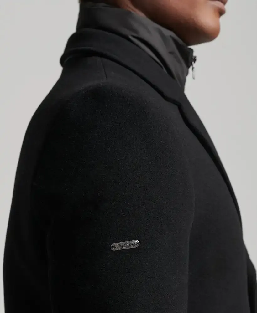 Superdry Mens Studios Wool Padded Town Overcoat Black