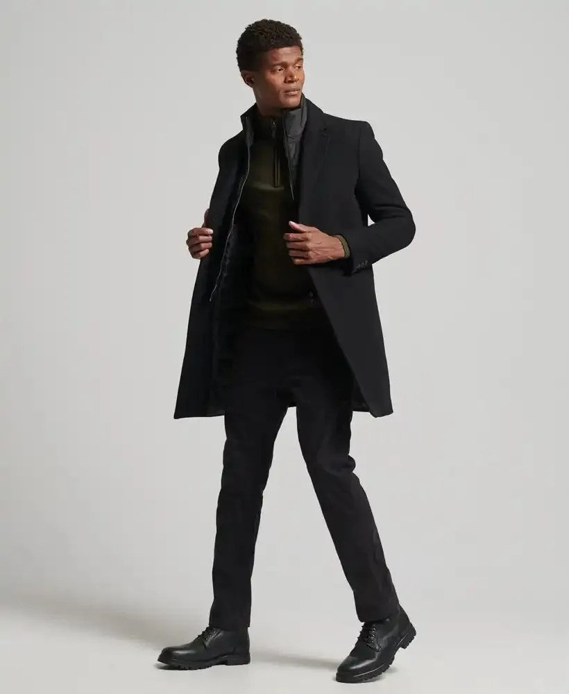 Superdry Mens Studios Wool Padded Town Overcoat Black