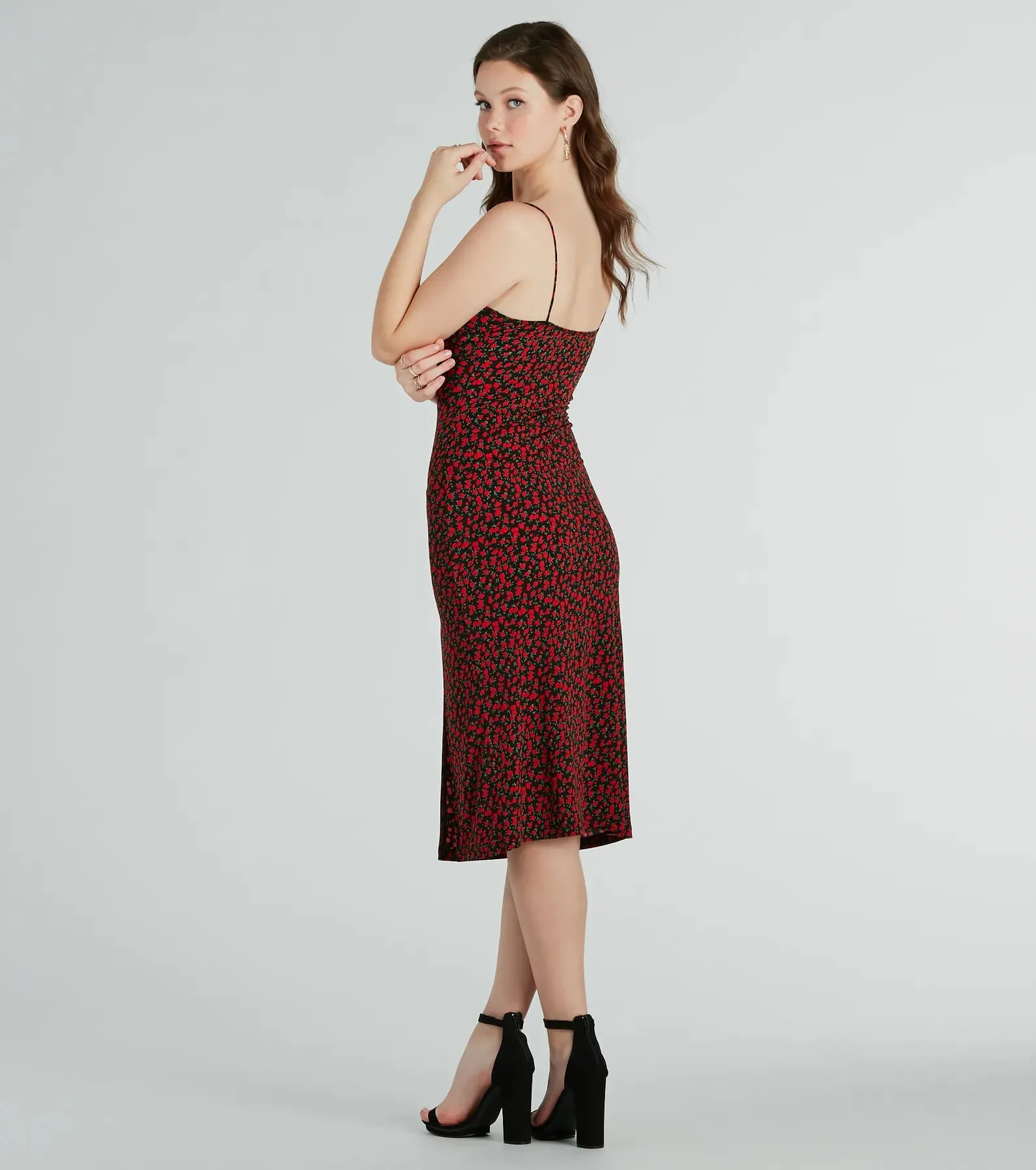 Sweet Flair High Slit Ditsy Floral Knit Midi Dress