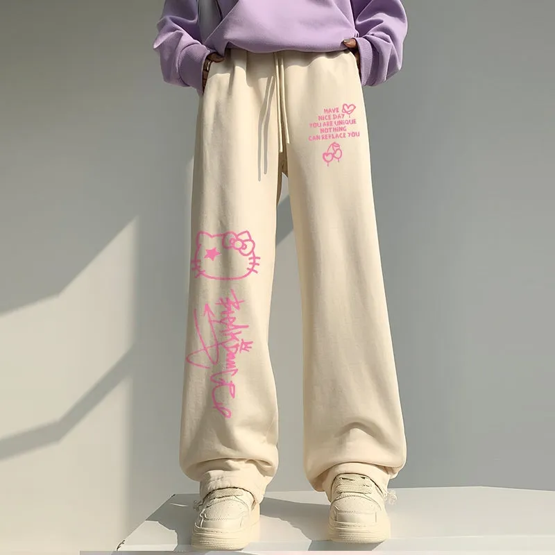 Sweet Pink Hello Kitty Print Wide Leg Pants