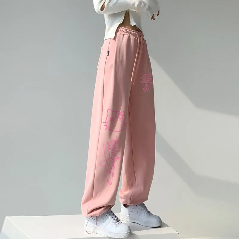 Sweet Pink Hello Kitty Print Wide Leg Pants