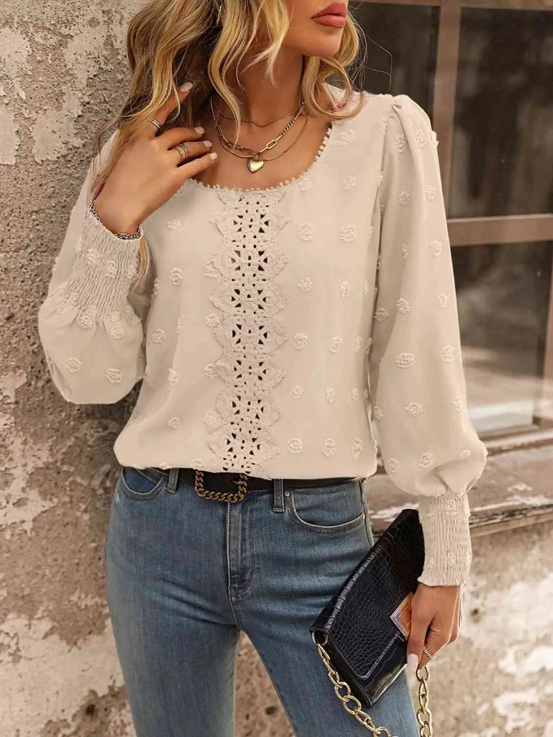 Swiss Dot Lace Detail Blouse (4 Colors)