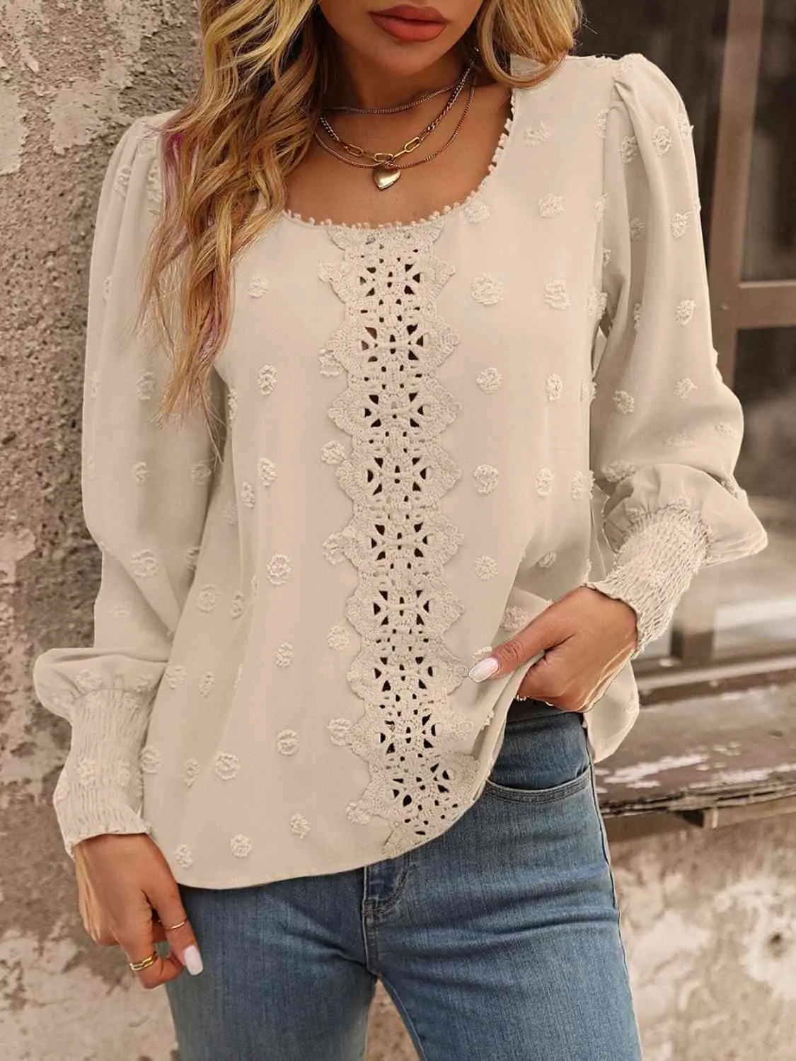 Swiss Dot Lace Detail Blouse (4 Colors)