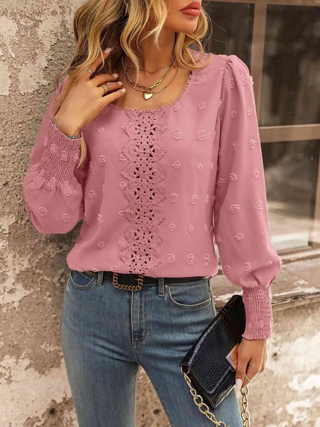 Swiss Dot Lace Detail Blouse (4 Colors)