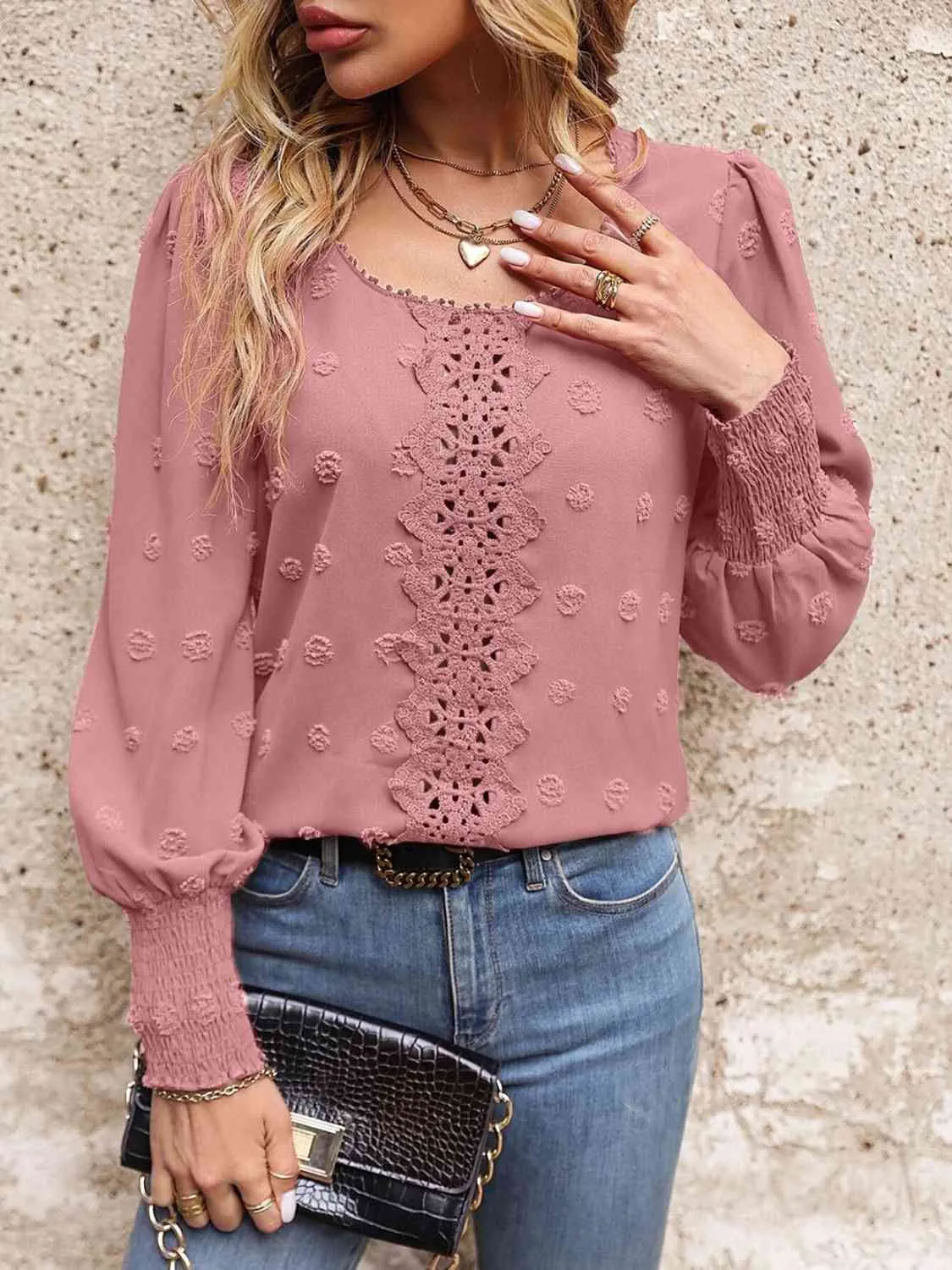 Swiss Dot Lace Detail Blouse (4 Colors)