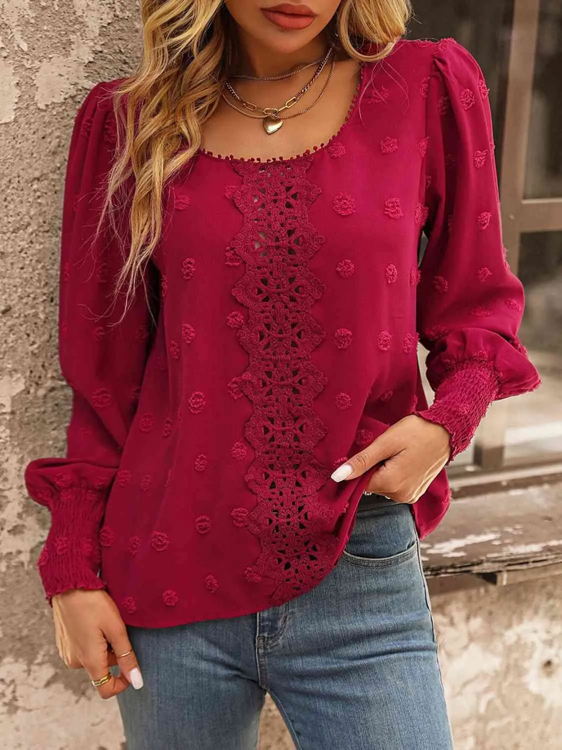 Swiss Dot Lace Detail Blouse (4 Colors)