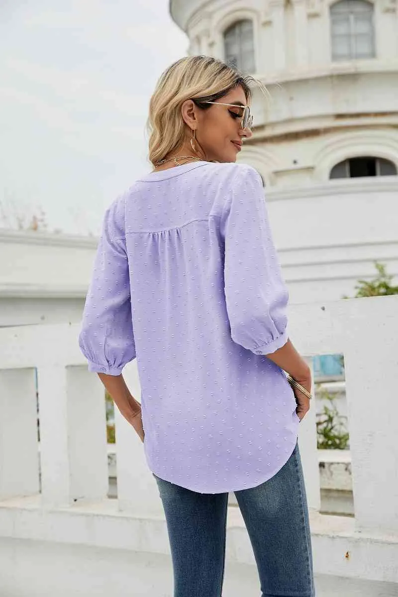 Swiss Dot Notched Neck Three-Quarter Sleeve Blouse (9 Colors)