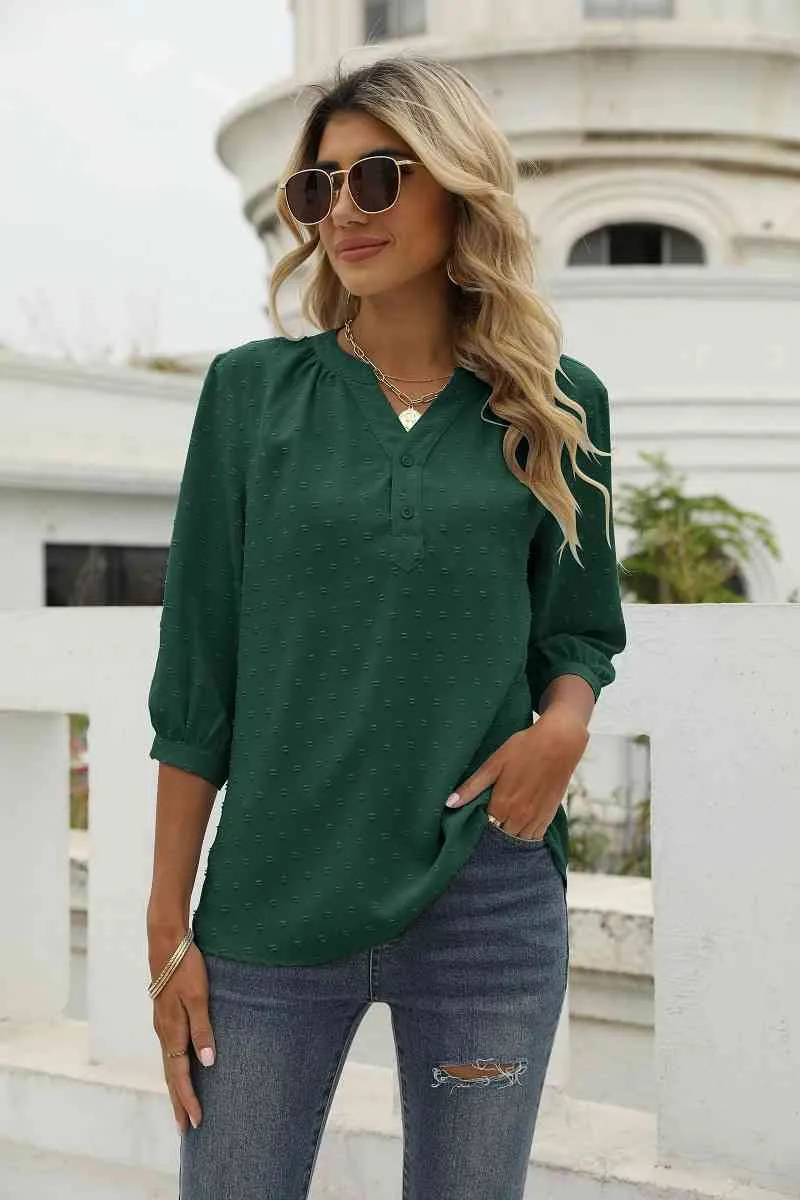 Swiss Dot Notched Neck Three-Quarter Sleeve Blouse (9 Colors)
